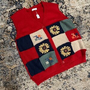 Chou Chou Red Patchwork Knit Vest Vintage Style Sunflower